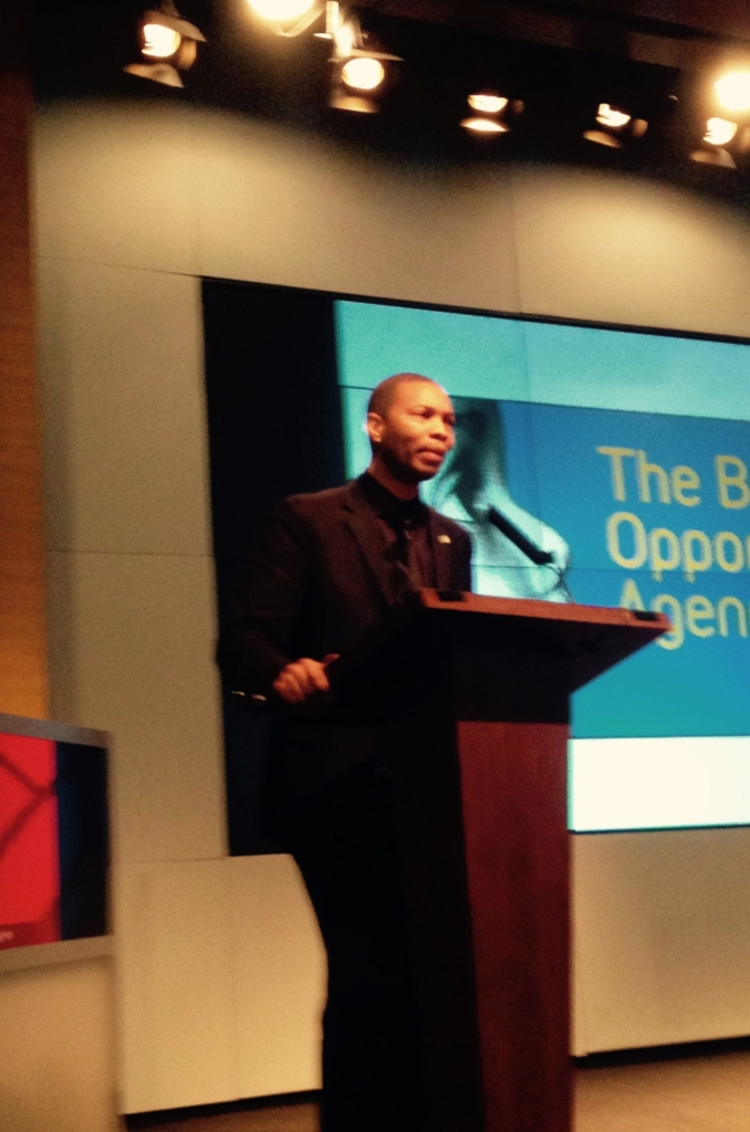 Turahn Dorsey, chief of education for Mayor Marty Walsh, speaking Friday morning at the release of the Boston Opportunity Agenda report on schools in Boston.