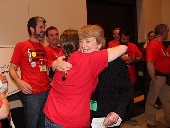 Barbara Madeloni greets a supporter at the MTA annual convention in May. 