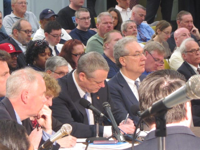 MBTA Control Board Hearing. From right to left: Chris Gabrieli; Gov. Charlie Baker; Stephanie Pollack (partially hidden); Jay Ash (partially hidden); Joseph Sullivan.