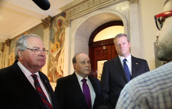 Gov. Charlie Baker with Senate President Stan Rosenberg (middle) and House Speaker Robert DeLeo (left)
