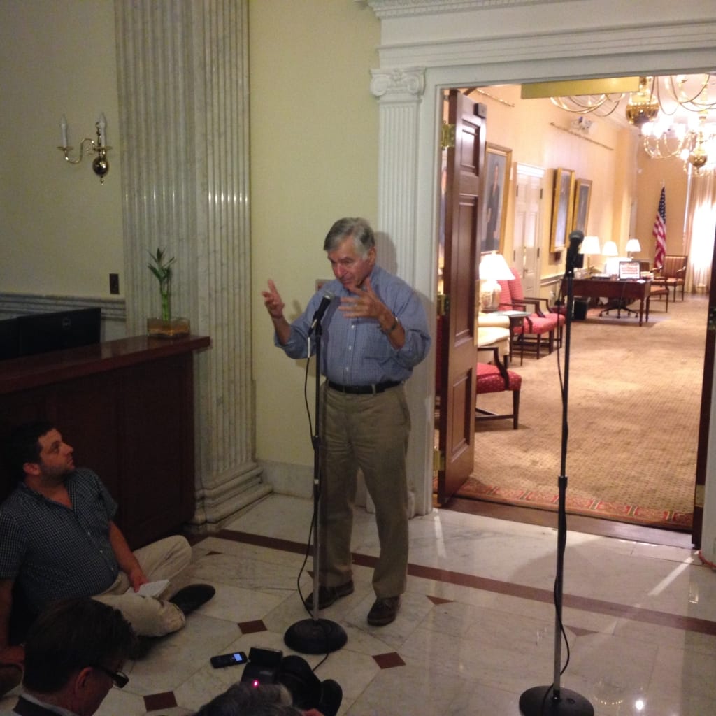 Former governor Michael Dukakis meets with reporters after his sitdown with Gov. Charlie Baker. 