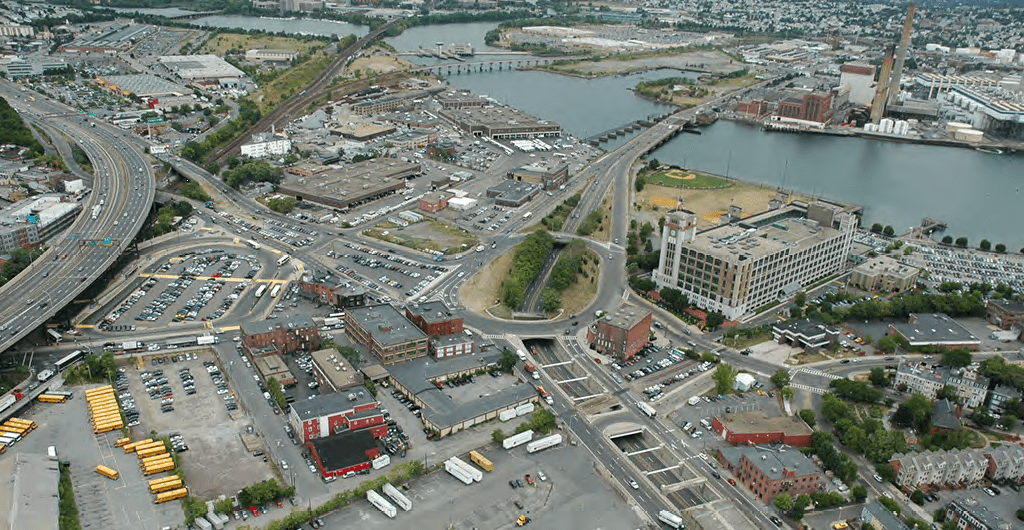 Sullivan Square today, with Schraft's building to right and Rutherford Avenue coming up from bottom of picture.