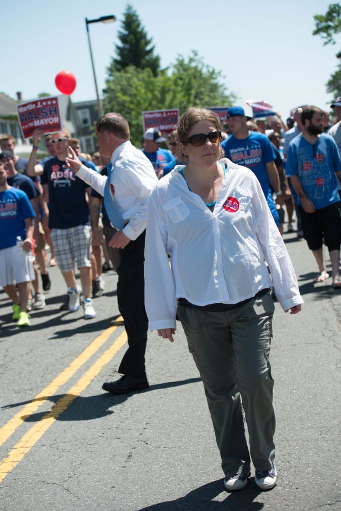Dorchester activist Joyce Linehan is leading the way in the Dorchester Day Parade for her candidate, Marty Walsh.