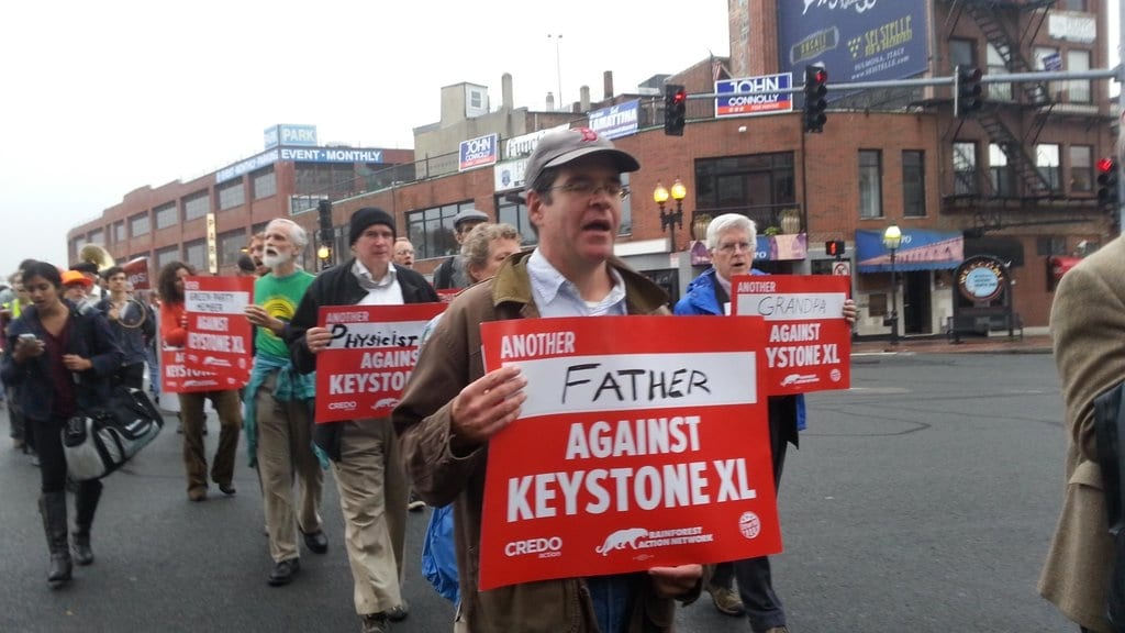 Stephenson protesting against Keystone XL pipeline, Boston, 2013