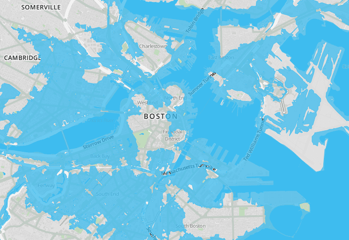 Image from WGBH, based on a Boston Harbor Association report depicting the impacts of 7.5-foot storm surge similar to what parts of New York City experienced during Sandy.