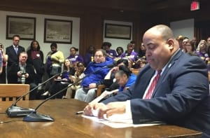 Lawrence Mayor Daniel Rivera testifying before the Legislature’s Health Care Finance Committee.