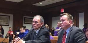 Timothy Gens (left) and Mike Sroczynski of the Massachusetts Hospital Association testify before the Legislature’s Health Care Finance Committee.