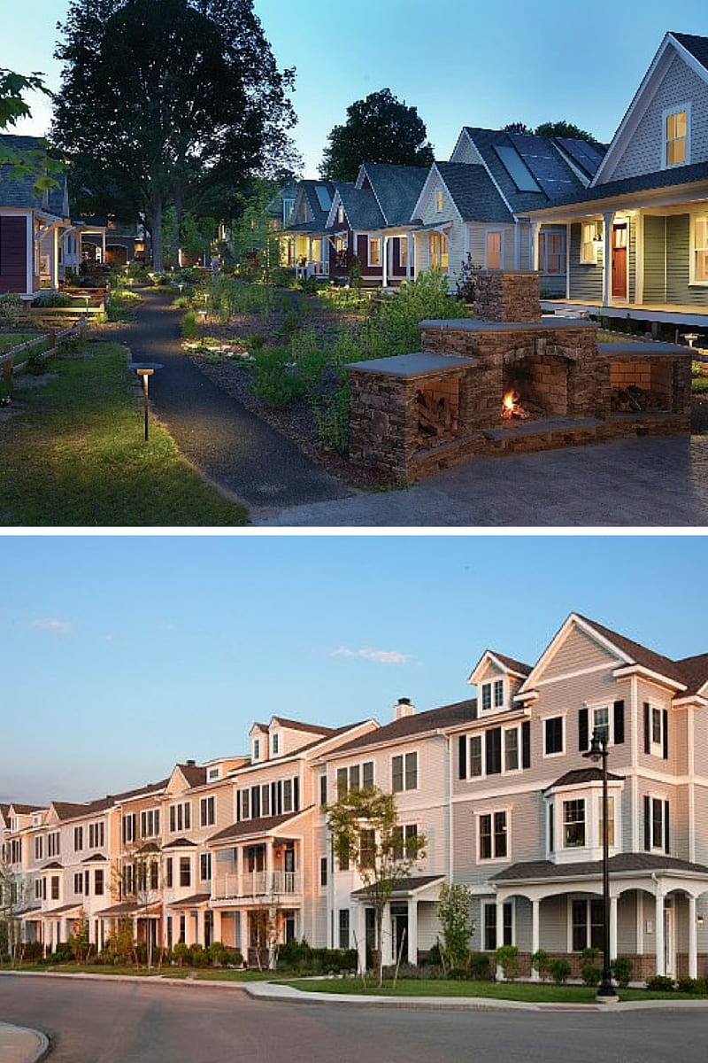Communities can achieve attractive results when their local zoning allows cluster development and multifamily housing.  Pictured above are the Riverwalk in Concord (top) and Hewitt’s Landing in Hingham.