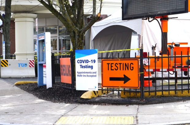 A COVID-19 testing tent outside the Bowdoin Street Health Center in Dorchester. (Photo by Michael Jonas)
