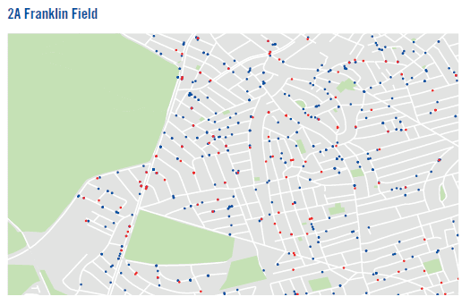 Addresses in the Franklin Field neighborhood of Dorchester of those serving time in the Suffolk County House of Correction (red dots) and Nashua Street Jail (blue dots) in 2013.