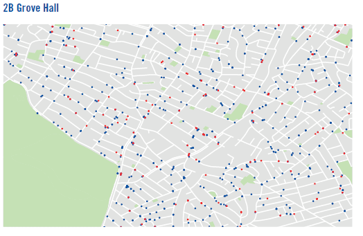 Addresses in the Grove Hall neighborhood of Boston of those serving time in the Suffolk County House of Correction (red dots) and Nashua Street Jail (blue dots) in 2013.