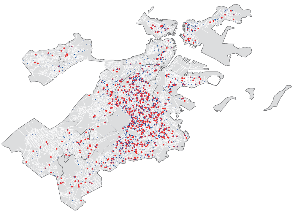 Home addresses of those committed to the Suffolk County House of Correction (red dots) and Nashua Street Jail detainees (blue dots) in 2013.