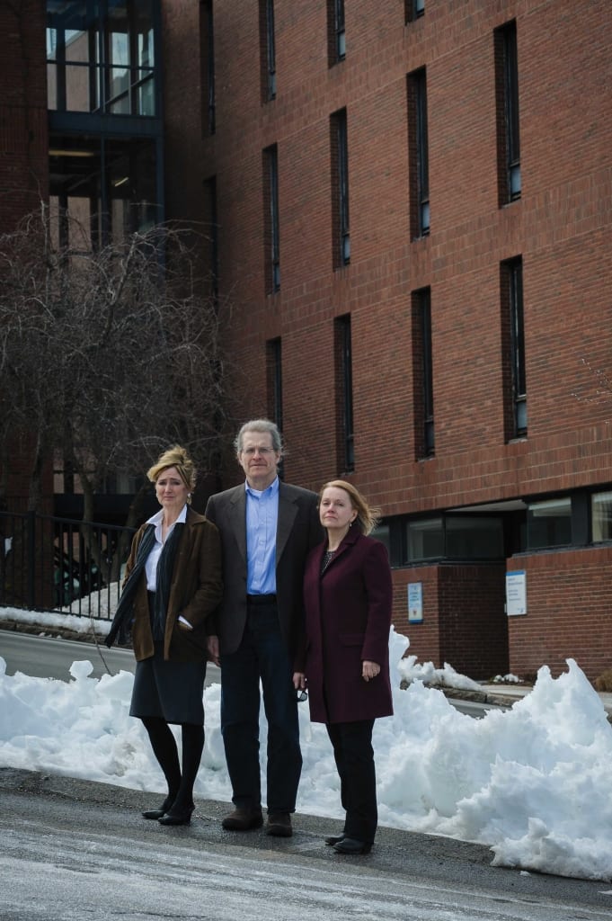 From left to right, Lynn Hlatky, Philip Hahnfeldt, and assistant investigator Christine Briggs outside their former cancer research lab at St. Elizabeth’s Medical Center in Brighton where they say they were frozen out and years of work and millions of taxpayer dollars were squandered. 