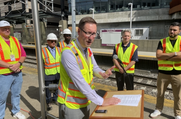 MBTA General Manager Steve Poftak on the commuter rail platform at Ruggles Station. (Photo by Bruce Mohl)
