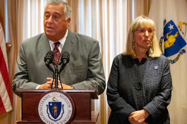 House Speaker Ronald Mariano and Senate President Karen Spilka answer questions from the press after a Monday afternoon meeting with the governor and other officials. [Sam Doran/SHNS]