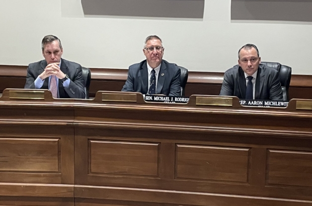 The Big 3 on budget issues: From left, Matthew Gorzkowicz, Gov. Maura Healey's secretary of administration and finance; Sen. Michael Rodrigues, chair of the Senate Ways and Means Committee; and Rep. Aaron Michlewitz, chair of the House Ways and Means Committee. (Photo by Bruce Mohl)