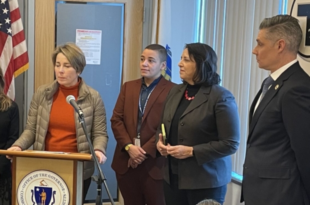 From left, Transportation Secretary Gina Fiandaca, Gov. Maura Healey, Transportation Undersecretary Monica Tipbits-Nutt, Lt. Gov. Kim Driscoll, and acting MBTA General Manager Jeffrey Gonneville. (Photo by Bruce Mohl)